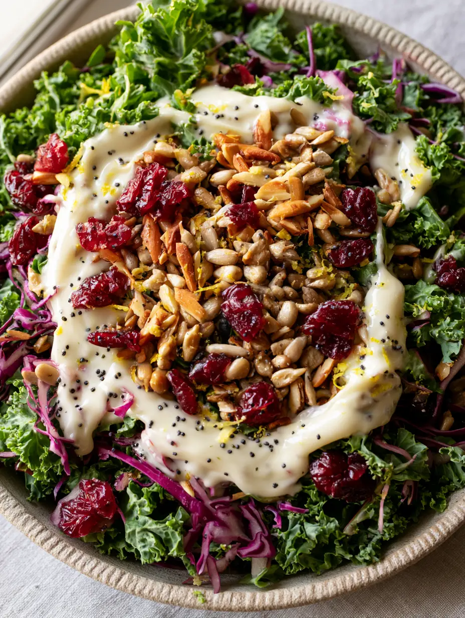 Close up of emerald kale and amethyst cabbage ribbons topped with golden sunflower seeds and ruby cranberries. (sunflower crunch salad)