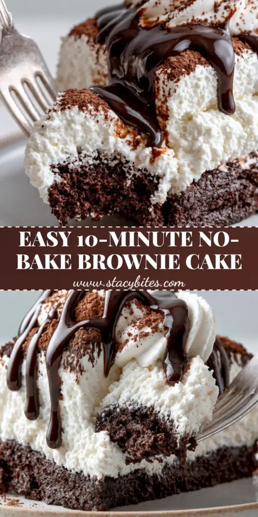 Brownie Refrigerator Cake: The Ultimate No-Bake Layered Dessert 4 A tall slice of brownie refrigerator cake showing the dense dark chocolate base and fluffy white whipped cream layer.
