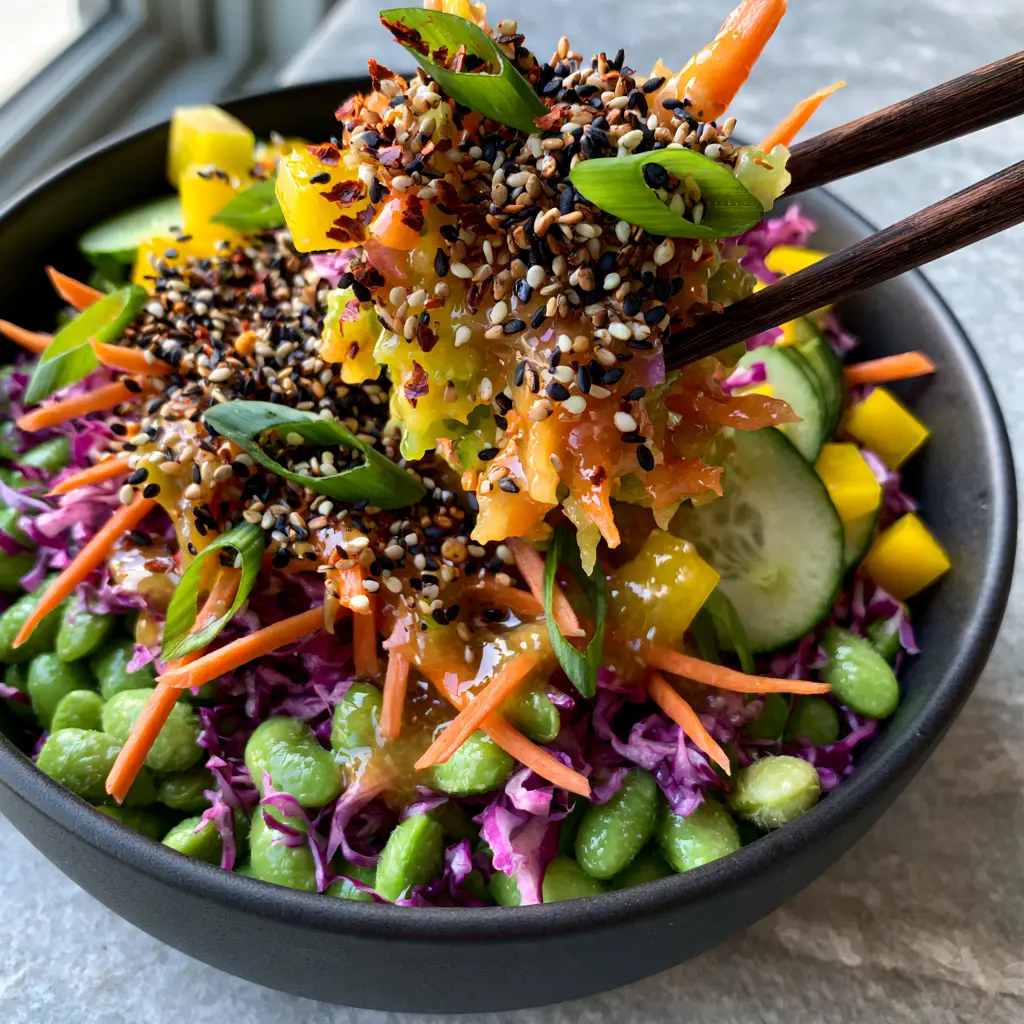 Top-down view of Japanese edamame salad in a matte black bowl with chopsticks lifting a portion of crunchy vegetables.