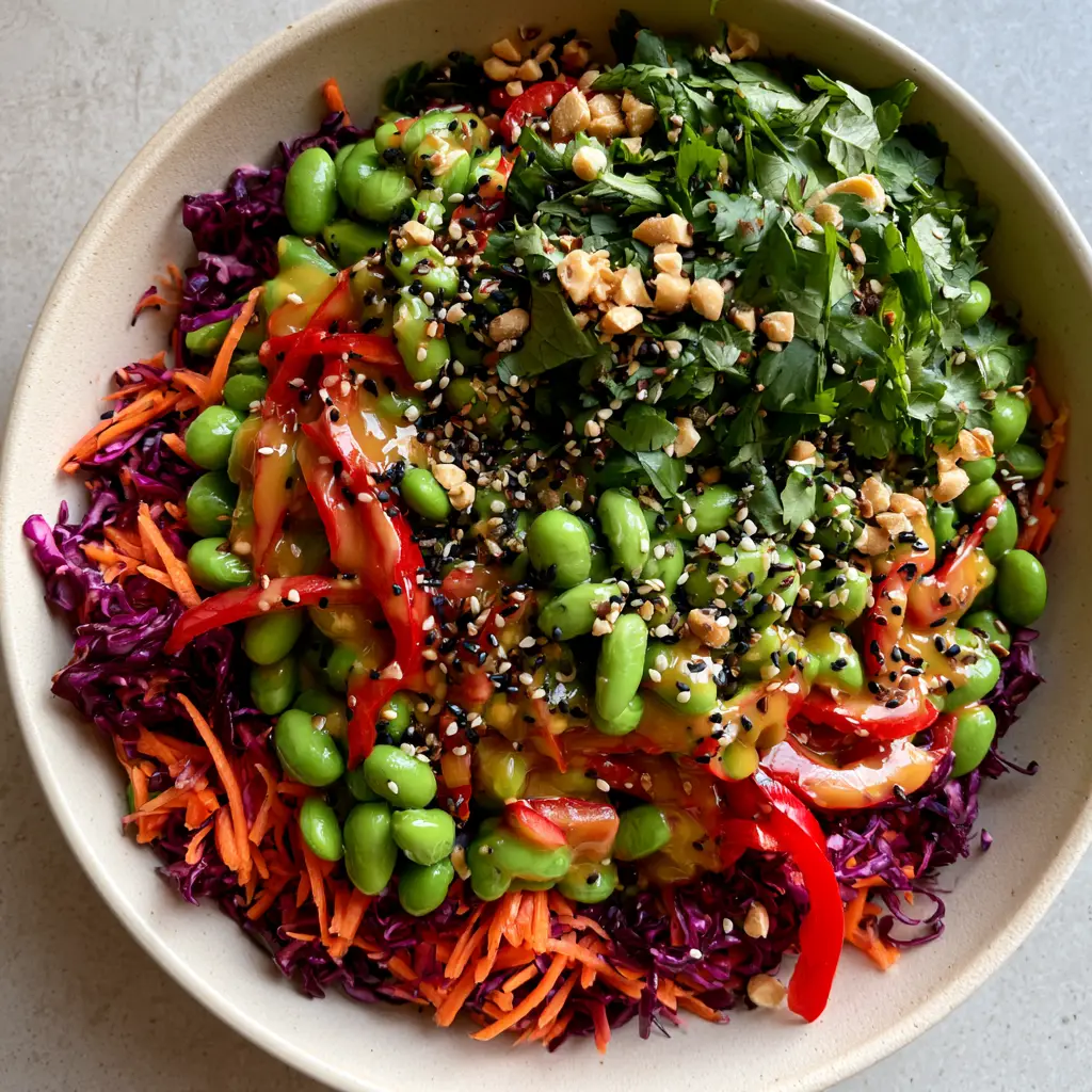 Extreme close-up of edamame salad with shredded cabbage, carrots, and bright green edamame coated in glossy dressing.