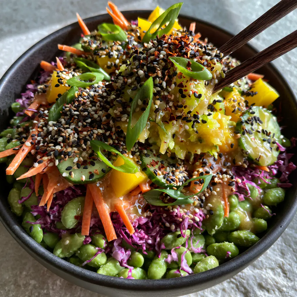 Close-up of the glossy ginger-miso dressing clinging to steamed edamame and shredded purple cabbage in a Japanese edamame salad.