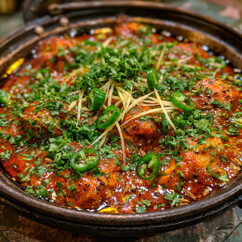 Overhead shot of Pakistani Chicken Karahi showing the glossy reddish-orange masala and bird's eye chilies. (Pakistani foods)