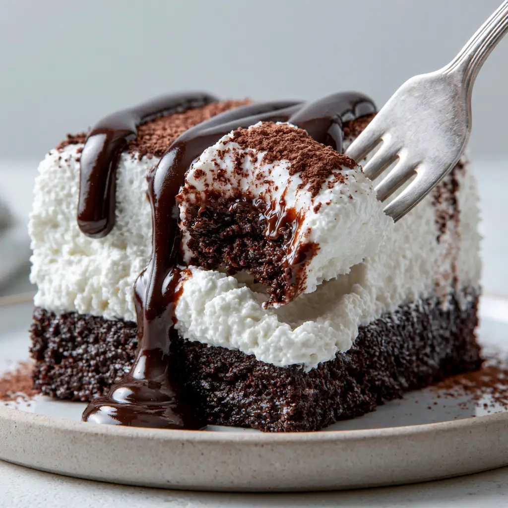 Macro shot of a fork sinking into a slice of brownie refrigerator cake with glossy fudge sauce.