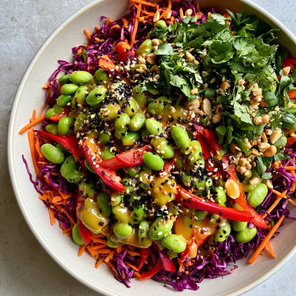 Overhead view of edamame salad garnished with black and white sesame seeds, cilantro, and crushed peanuts.