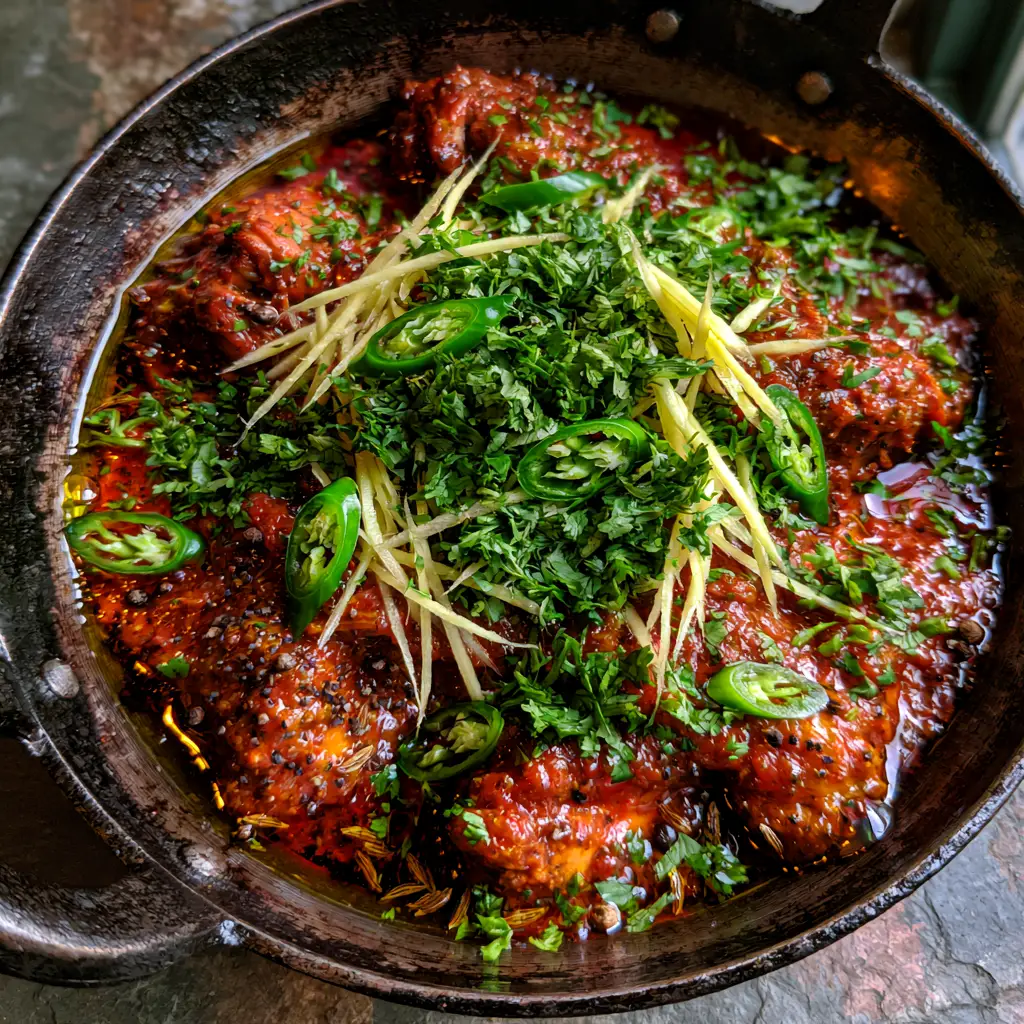 Pakistani Foods: Authentic Chicken Karahi in a Black Iron Wok 1 Close up of needle-thin ginger julienne and cracked black pepper on a Pakistani Chicken Karahi.