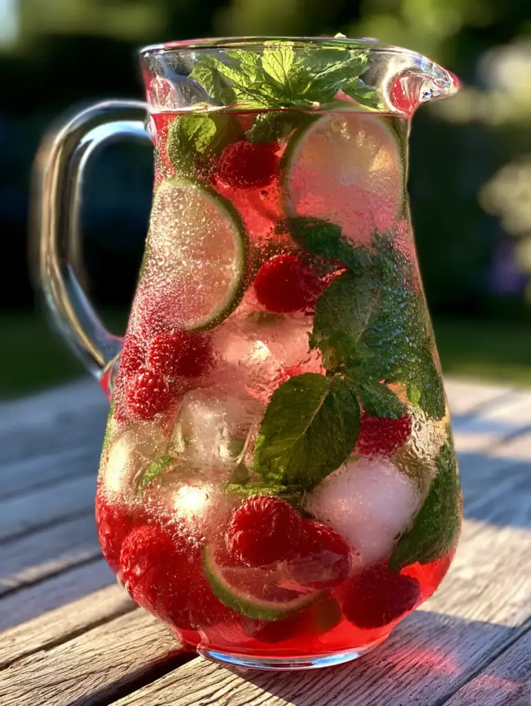 Large square ice cubes and fresh mint leaves suspended in a clear pink raspberry mojito liquid inside a condensation-covered pitcher.