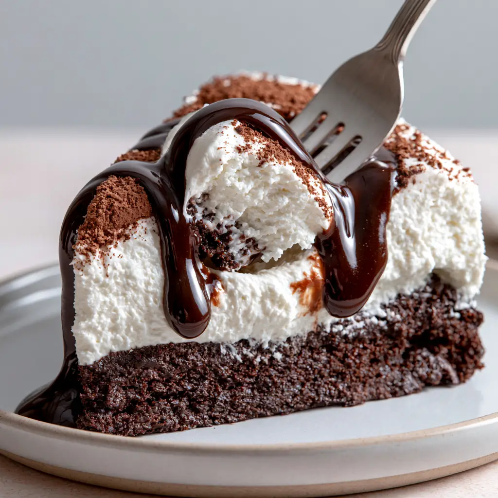 Brownie Refrigerator Cake: The Ultimate No-Bake Layered Dessert 1 Top-down view of the brownie refrigerator cake with cocoa dusting and chocolate drizzle.