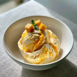 Close up of a single scoop of vibrant gold mango ice cream showing dense texture and a professional curl. (mango ice cream)