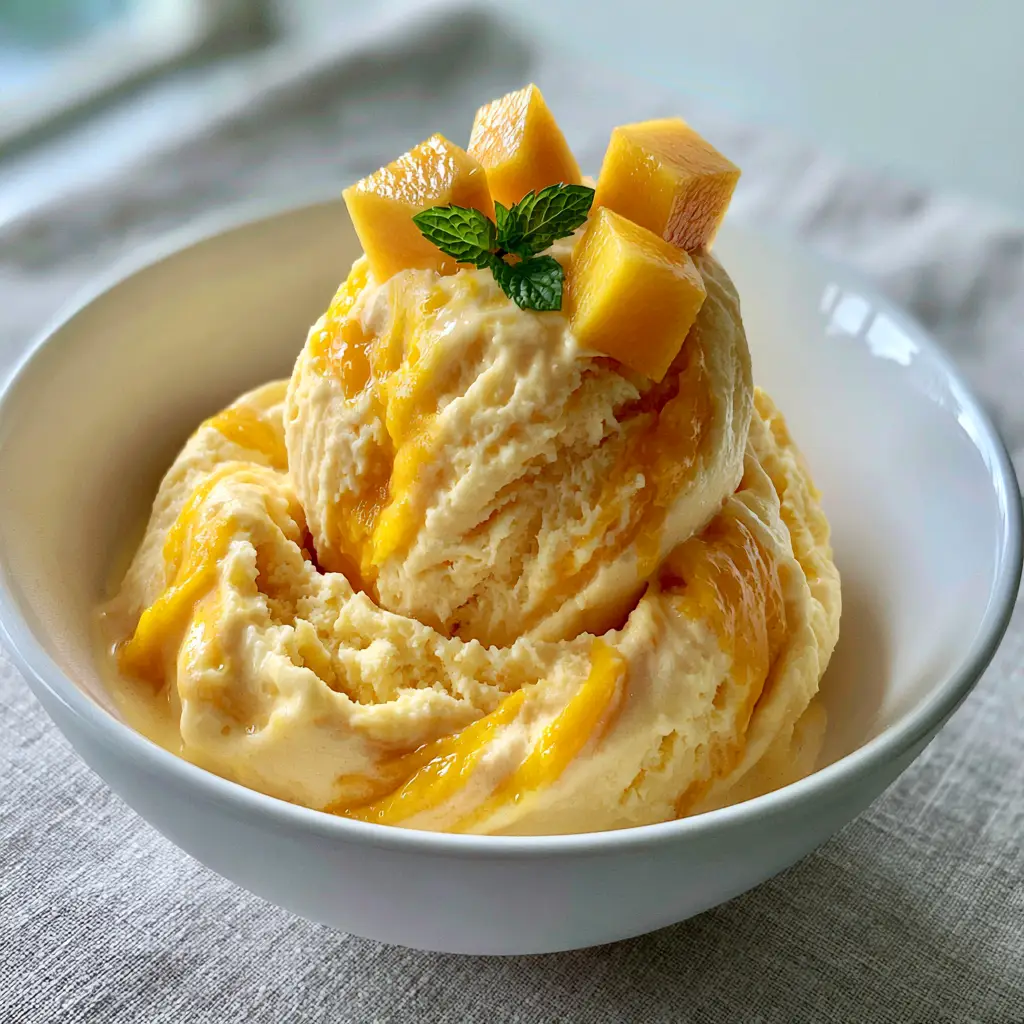 Mango Ice Cream: The Ultimate Velvety Homemade Recipe 1 Smartphone photo of mango ice cream garnished with fresh mint and yellow mango cubes on a grey linen background.
