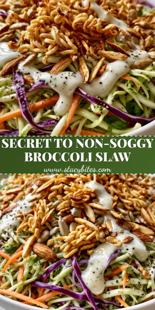 Broccoli Slaw with Crunchy Toasted Ramen and Creamy Dressing 3 A vertical Pinterest-style shot of Broccoli Slaw in a white bowl with toasted ramen and a thick creamy dressing drizzle.