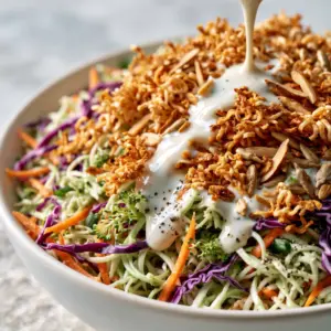Extreme macro close-up of vibrant Broccoli Slaw showing shredded stalks, red cabbage, and julienned carrots with glossy dressing.