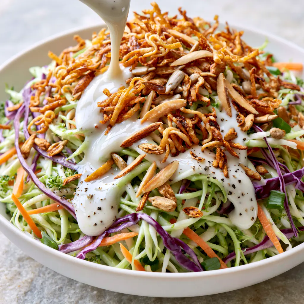 Broccoli Slaw with Crunchy Toasted Ramen and Creamy Dressing 1 Detailed view of toasted ramen noodles and sunflower seeds scattered over a colorful Broccoli Slaw salad.