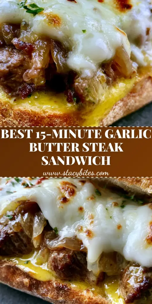 Steak Sandwich with Garlic Butter Ribeye Bites and Provolone 3 Extreme close-up of a steak sandwich with seared ribeye bites, bubbling melted provolone, and garlic butter glaze on sourdough.