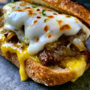 A close-up view of a steak sandwich showing the toasted sourdough baguette and juicy steak bites dripping with garlic butter.