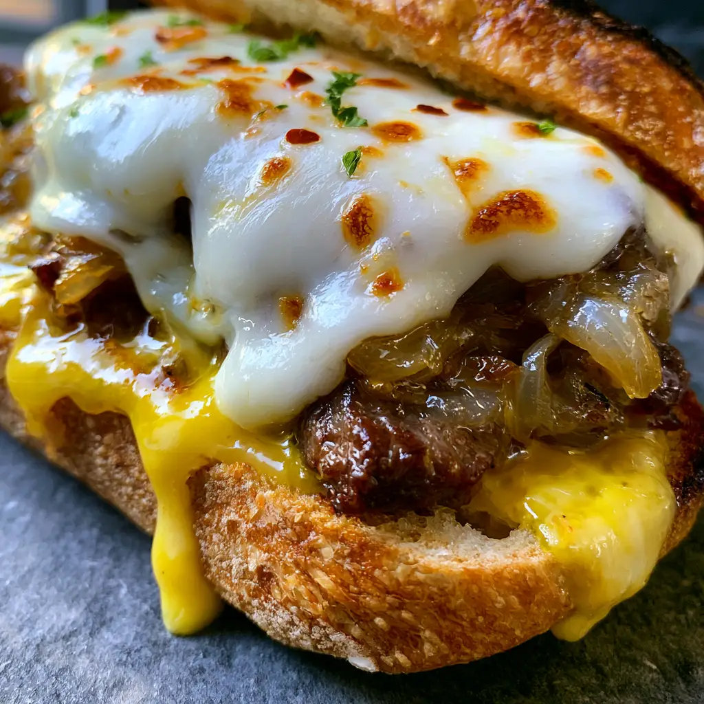 A close-up view of a steak sandwich showing the toasted sourdough baguette and juicy steak bites dripping with garlic butter.
