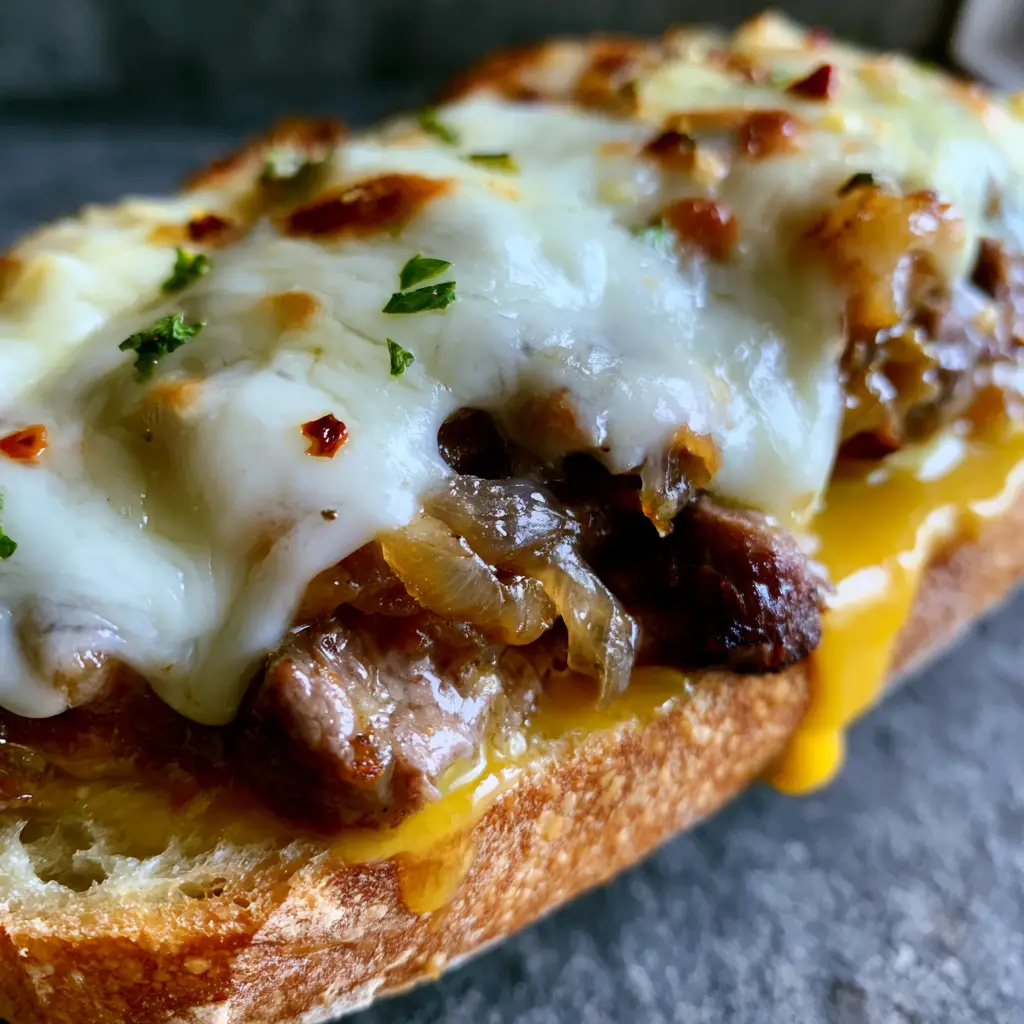Steak Sandwich with Garlic Butter Ribeye Bites and Provolone 1 Melted provolone cheese with toasted brown spots over a steak sandwich with caramelized onions.