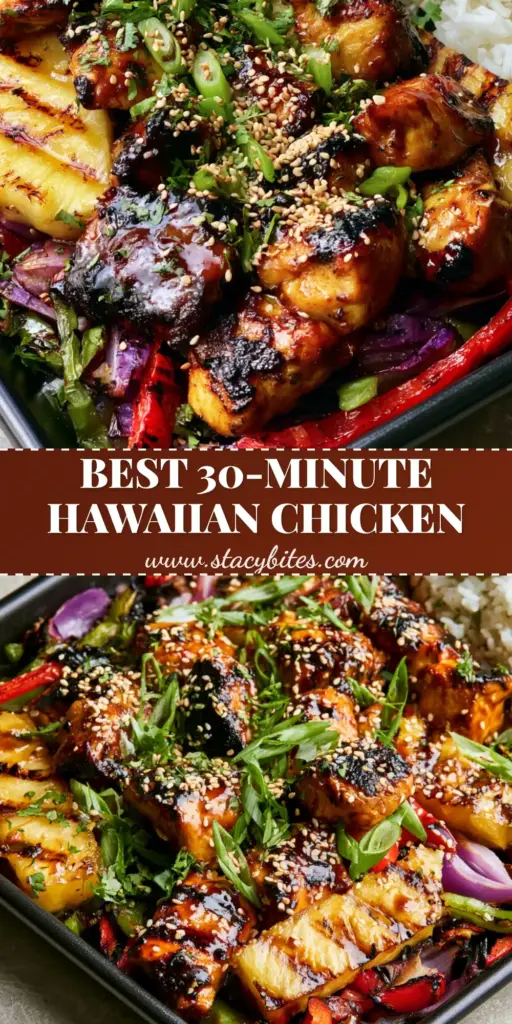 Hawaiian Chicken with Caramelized Pineapple and Charred Peppers 4 High-angle close-up of Hawaiian Chicken on a matte black sheet pan with charred peppers, caramelized pineapple, and glossy teriyaki chicken.