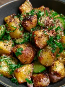 Macro shot of charred roasted potato edges and glistening lemon vinaigrette. (roasted potato salad)