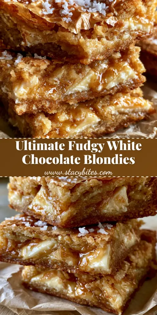 A stack of White Chocolate Blondies featuring a paper-thin crackled crinkly crust and melted white chocolate chunks on crumpled parchment paper.
