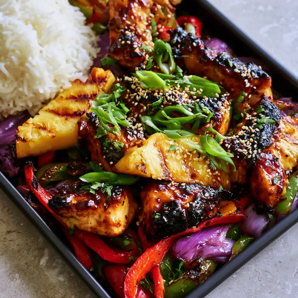 Sizzling Hawaiian Chicken cubes with dark caramelized edges and thick amber teriyaki glaze.