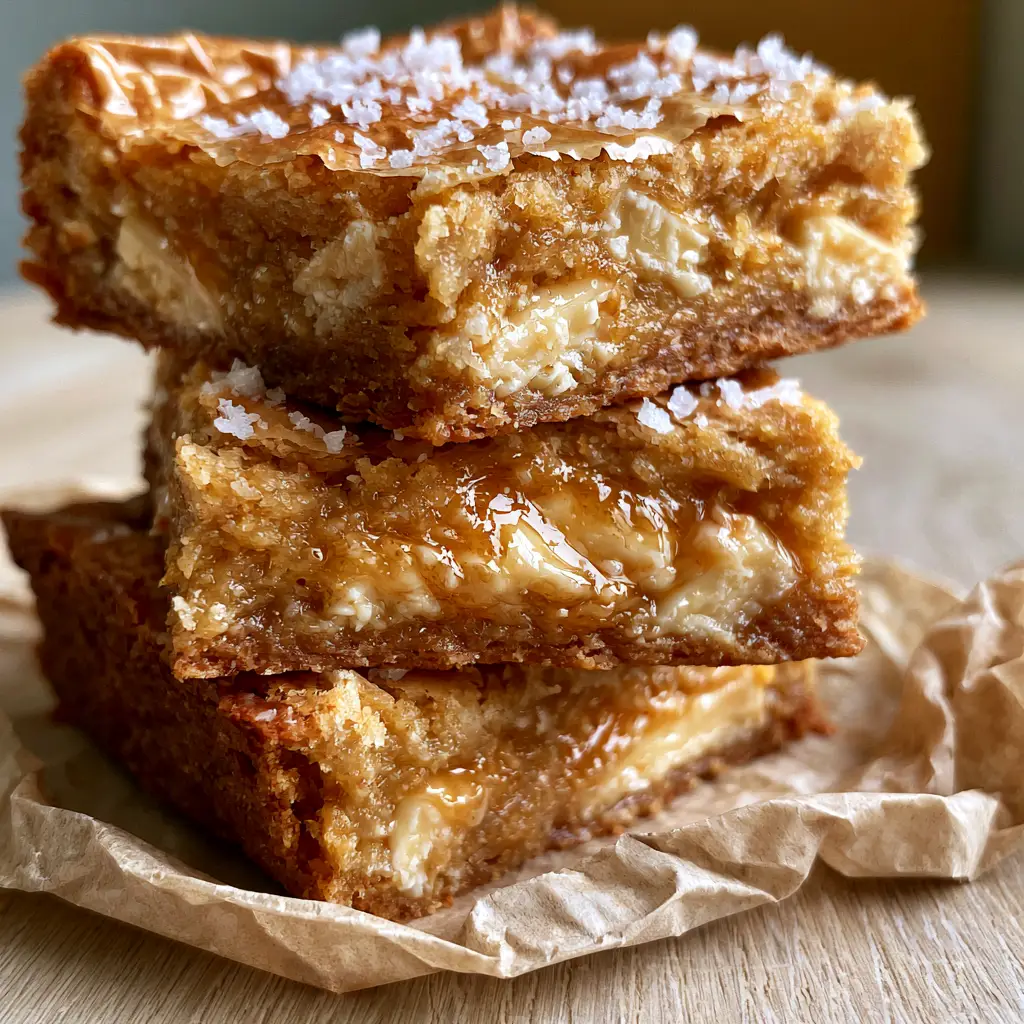 Stacked White Chocolate Blondies on a wooden table with soft side lighting, highlighting the crackled crust.