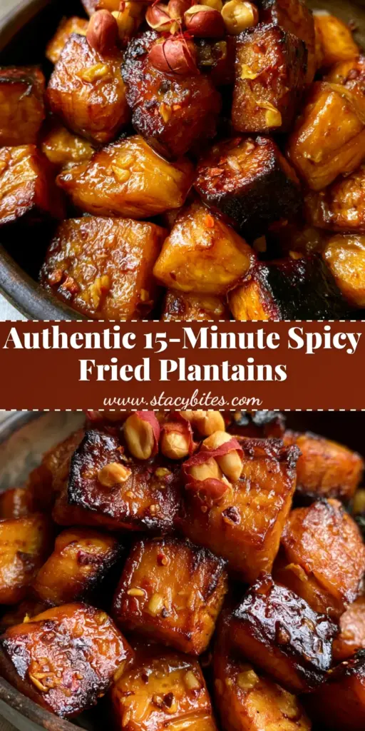 A mountain of deep golden-brown fried plantain cubes (Kelewele) with caramelized edges, coated in red spice glaze and topped with roasted peanuts in a rustic bowl.