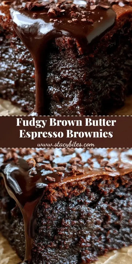 A stack of thick, fudgy brown butter espresso brownies topped with a glossy glaze, Maldon salt, and espresso shards on wrinkled parchment paper.