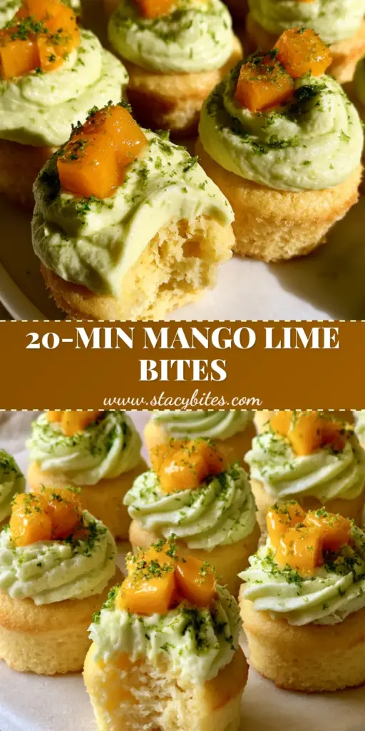 A dozen mango lime mini cupcake bites with pale lime frosting and fresh mango cubes on a marble platter.