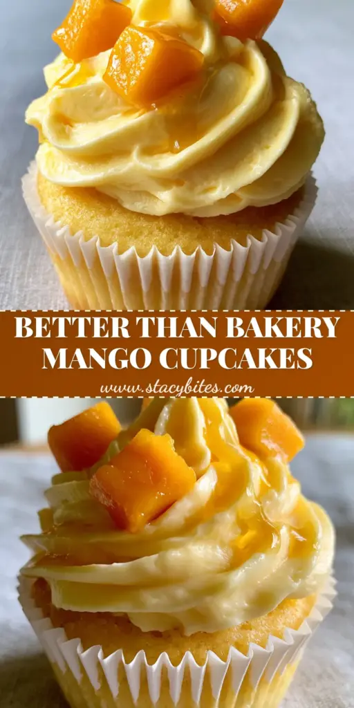 A single gourmet mango cupcake with golden sponge, white liner, tall mango cream cheese frosting swirl, and fresh mango garnish. (Mango Cupcakes)