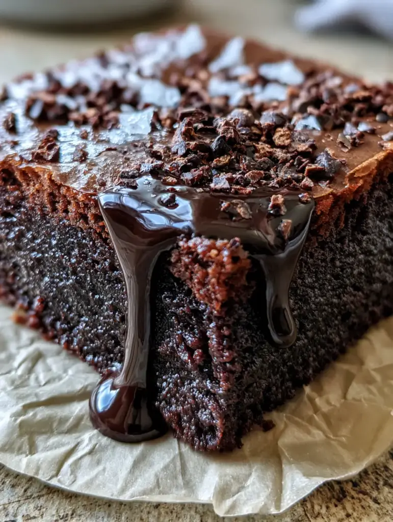 Extreme close-up of a brown butter espresso brownie showing a dense, gooey center and paper-thin crinkle crust with espresso shards.