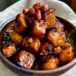 Close-up of Kelewele plantain cubes showing the glistening translucent red spice glaze and minced ginger bits.