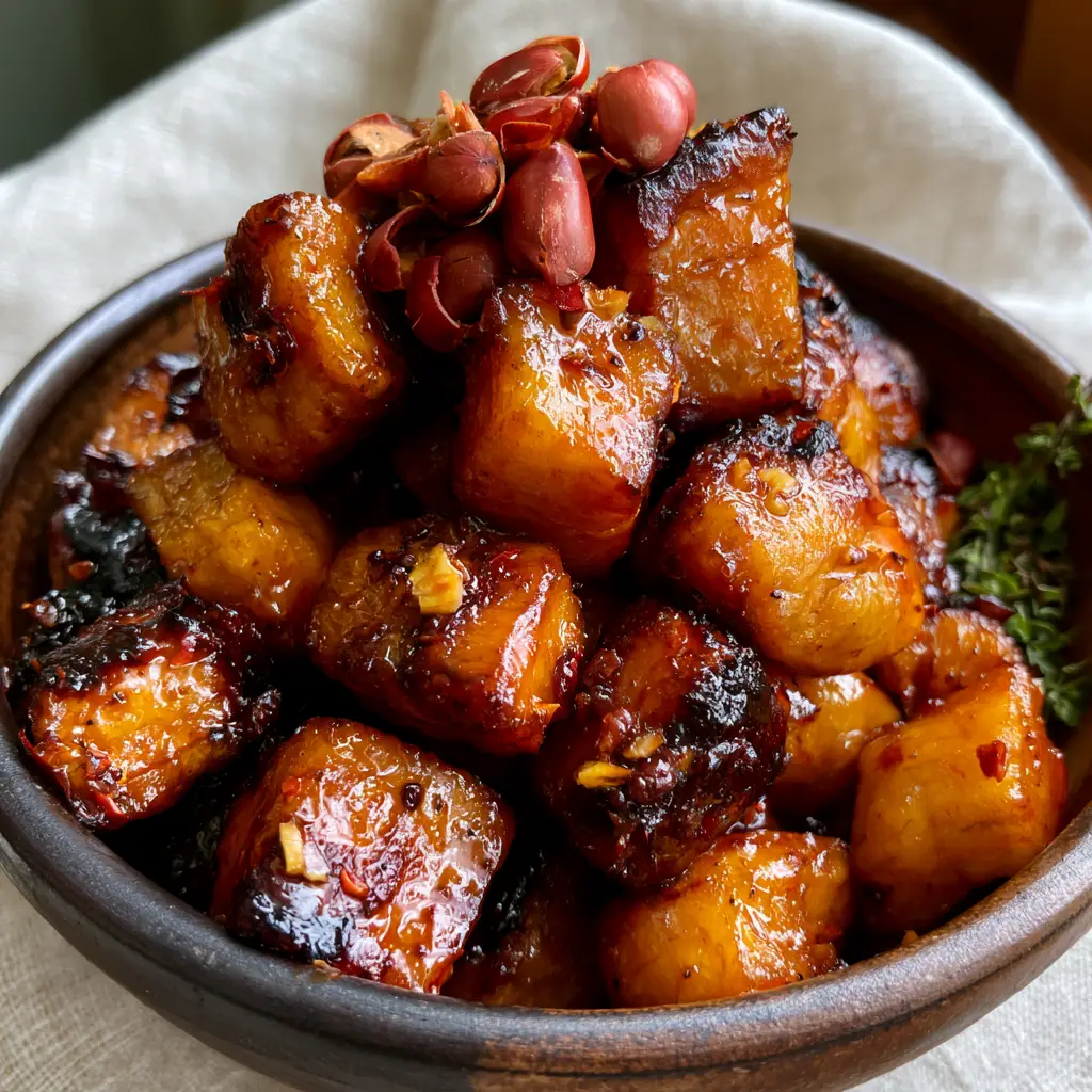 Close-up of Kelewele plantain cubes showing the glistening translucent red spice glaze and minced ginger bits.