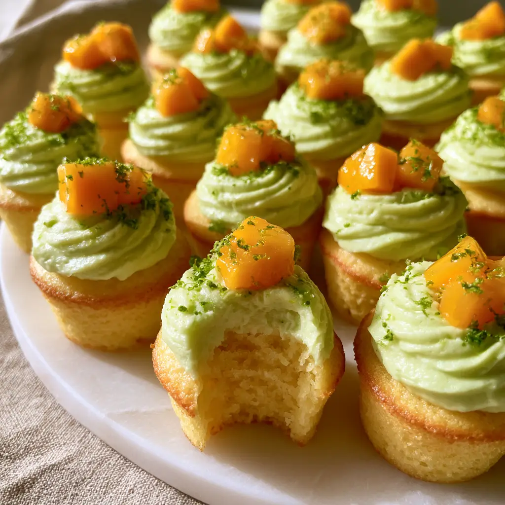 Mango lime mini cupcake bites arranged on a modern white marble platter with warm sunlight.