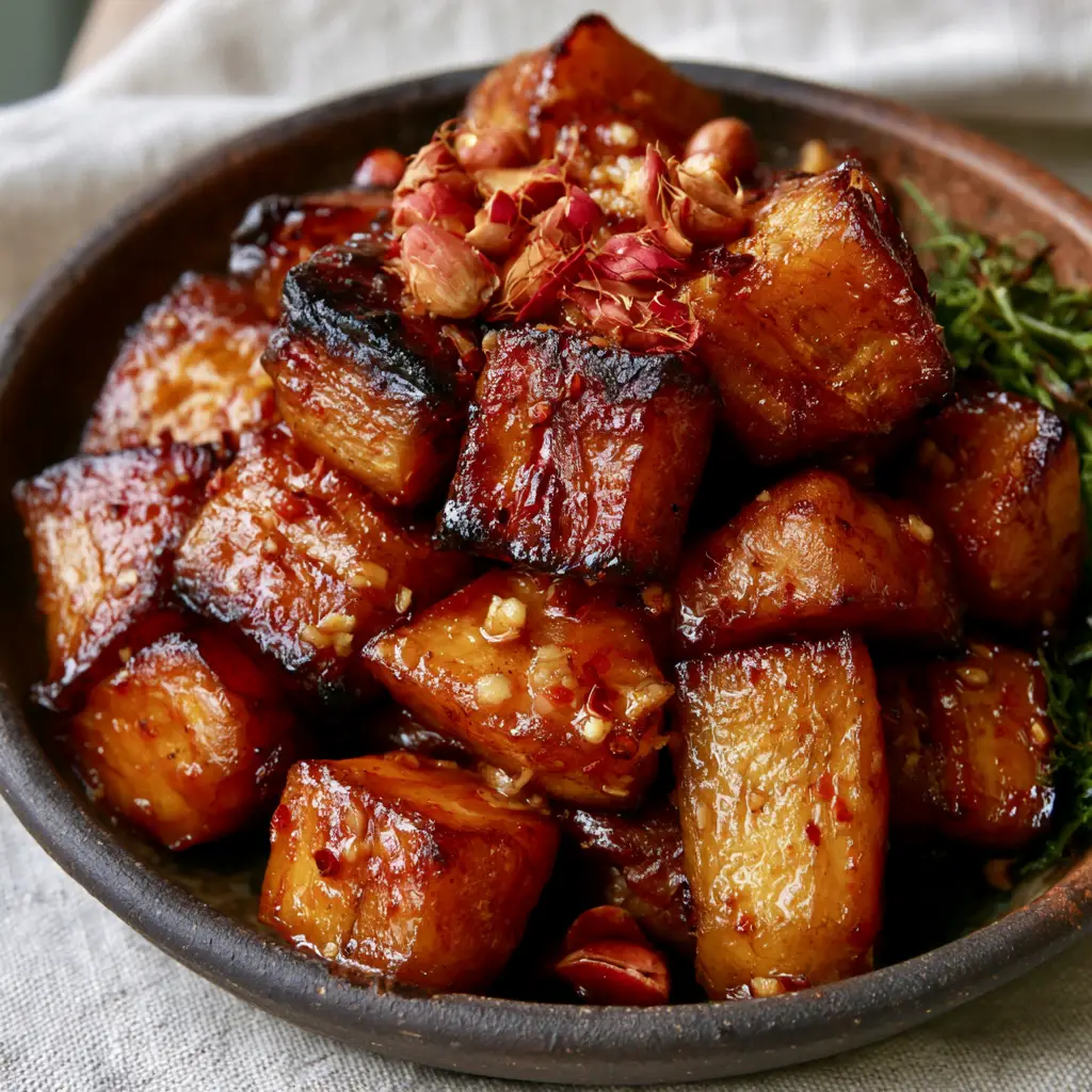 A rustic earthenware bowl filled with Kelewele, topped with whole roasted crunchy peanuts with red skins.