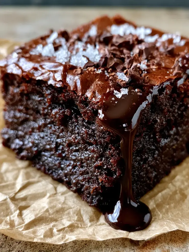 Side view of a thick chocolate brownie square with a dark chocolate espresso glaze drip and Maldon sea salt.