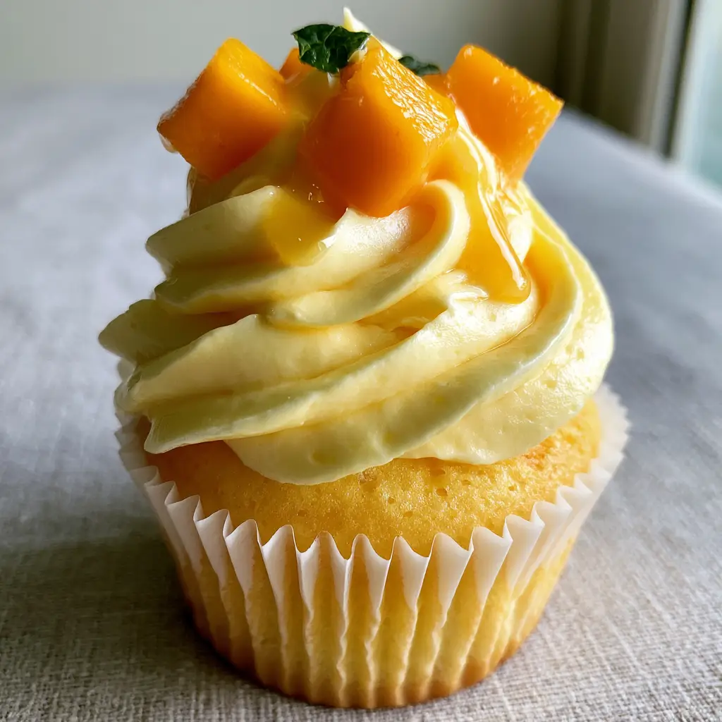 Close-up of a moist golden-yellow mango cupcake sponge and silky pale-yellow frosting. (Mango Cupcakes)