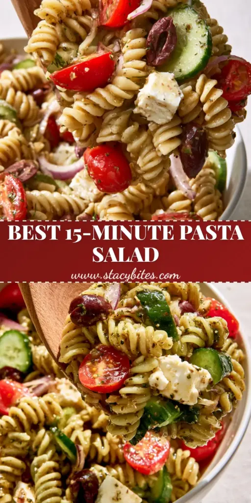 A vibrant cold pasta salad with rotini, tomatoes, and feta being lifted by wooden servers.