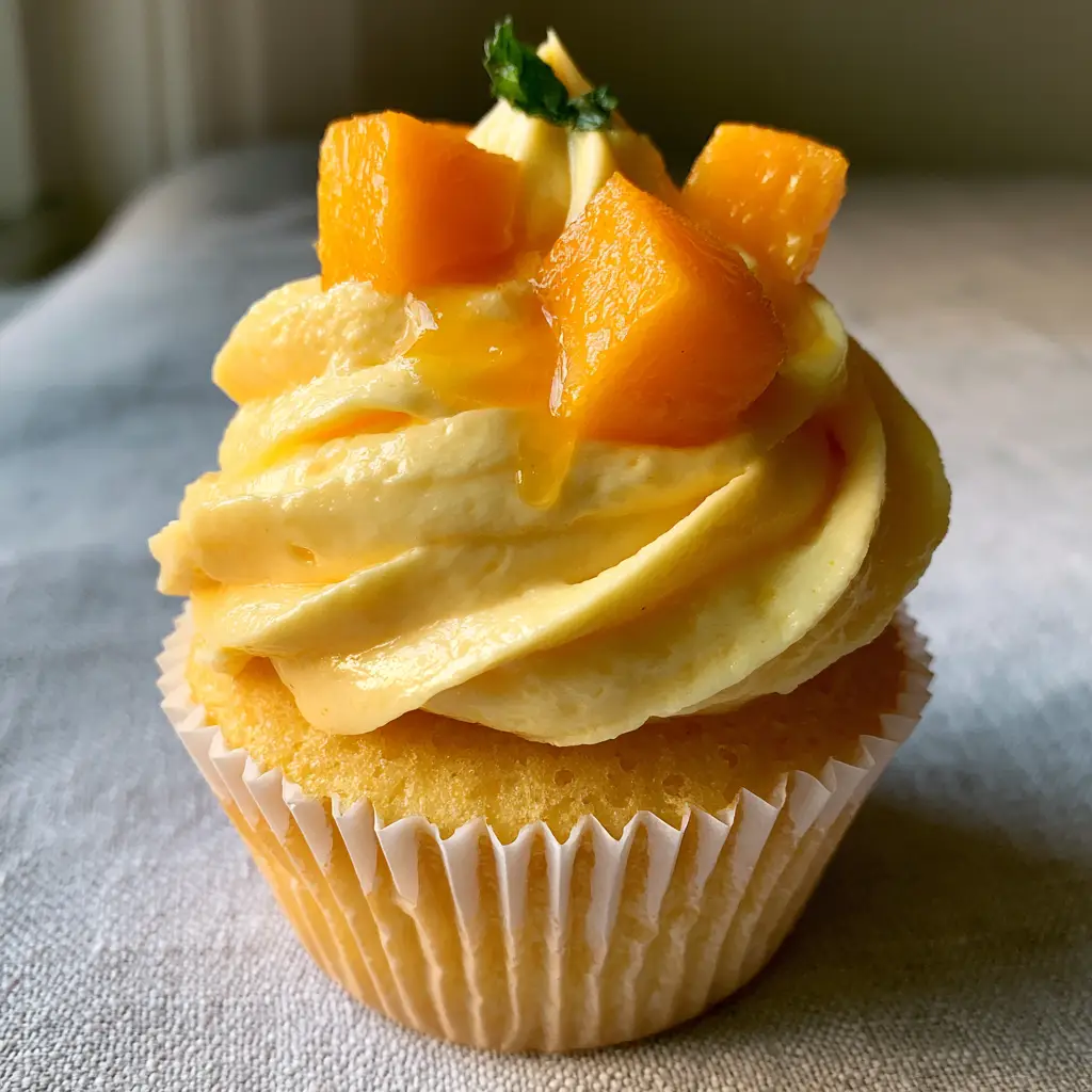 Professional tall swirl of mango cream cheese frosting with nectar drizzle and mint. (Mango Cupcakes)