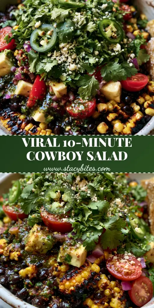 Loaded Cowboy Salad with Fire-Charred Corn and Lime Vinaigrette 4 A close-up shot of a Loaded Cowboy Salad in a white bowl featuring blackened corn, glossy black beans, avocado, and cotija cheese.