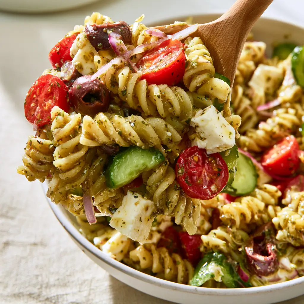 Close up of cubed feta, cucumbers, and olives in a cold pasta salad.