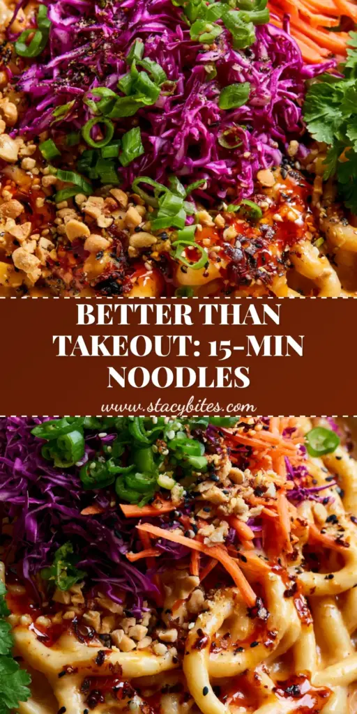 Spicy Asian Noodle Salad with Creamy Peanut Sauce 3 A vibrant ceramic bowl of spicy Asian noodle salad featuring thick udon, purple cabbage, and red chili oil on a grey stone surface.