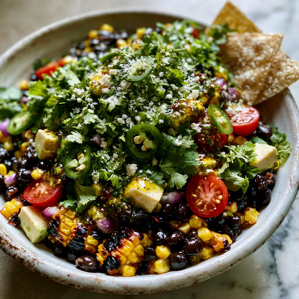 High-angle smartphone photo of a Loaded Cowboy Salad with visible charred sweet corn and creamy avocado chunks.