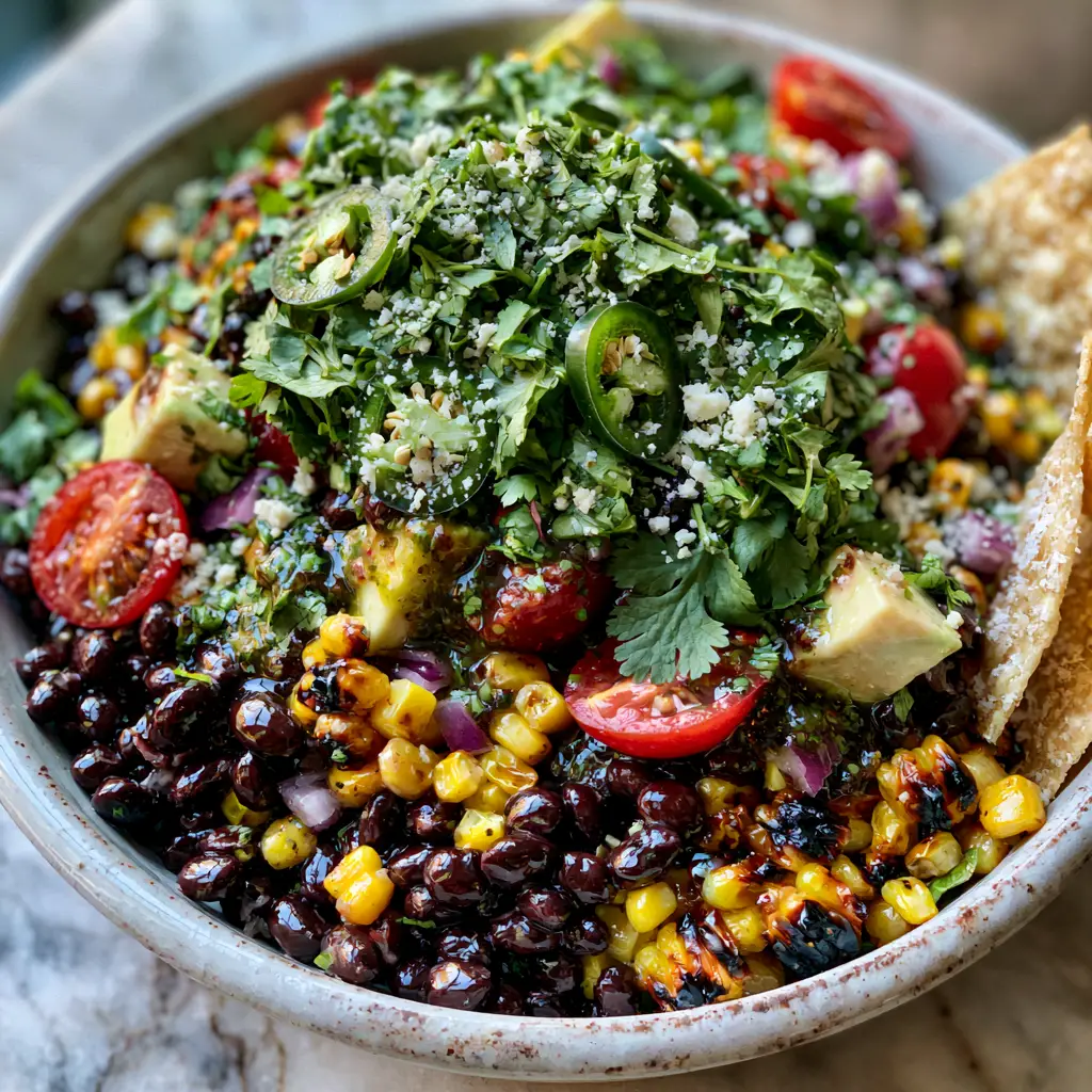 Loaded Cowboy Salad with Fire-Charred Corn and Lime Vinaigrette 1 A close-up of Loaded Cowboy Salad showing the glossy lime-cilantro dressing and salty corn tortilla chips.