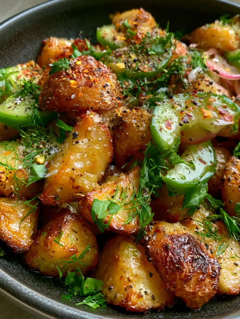 Overhead view of roasted potato salad featuring Persian cucumbers and pickled red onions.