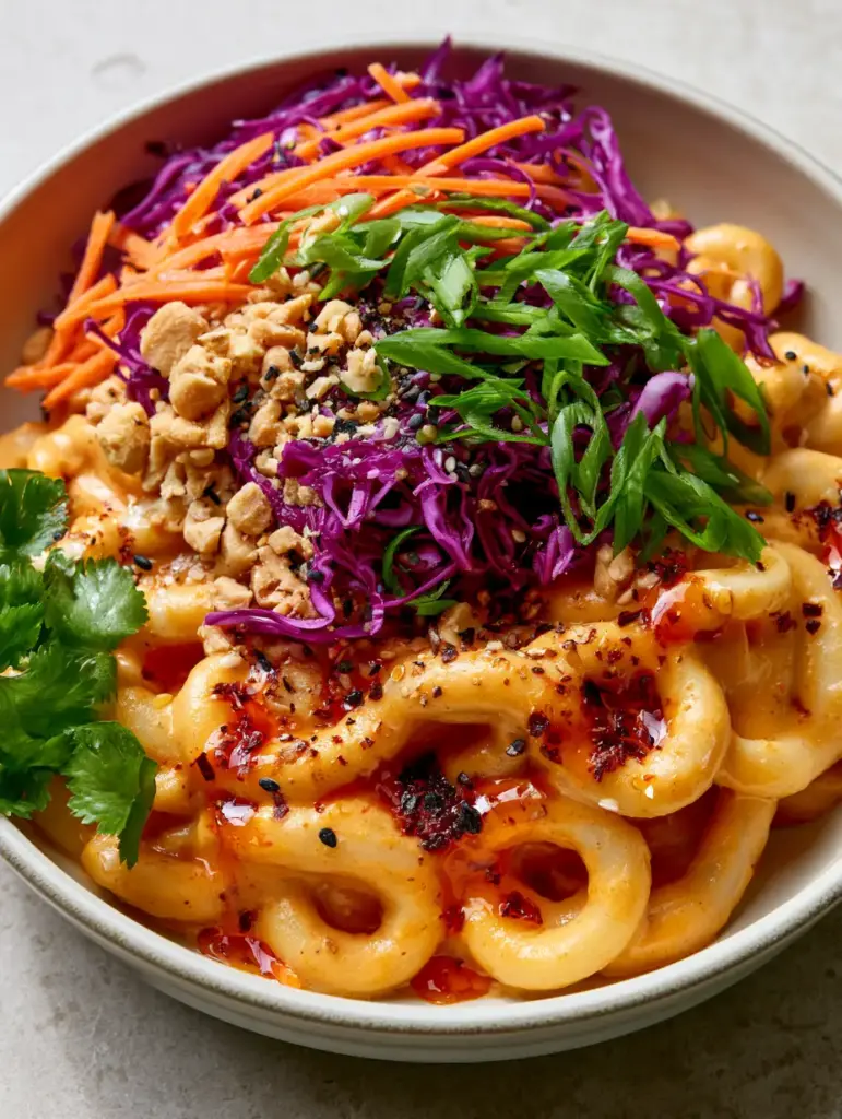 Spicy Asian Noodle Salad with Creamy Peanut Sauce 2 Macro shot of glossy udon noodles in a spicy Asian noodle salad with vibrant purple cabbage and orange carrots.