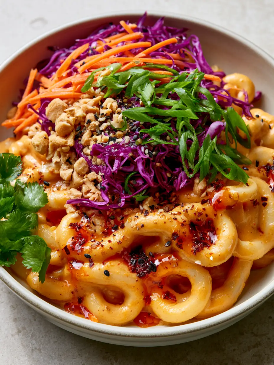 Spicy Asian Noodle Salad with Creamy Peanut Sauce 4 Macro shot of glossy udon noodles in a spicy Asian noodle salad with vibrant purple cabbage and orange carrots.