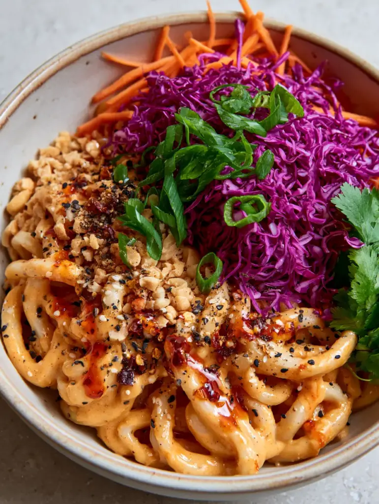 Spicy Asian Noodle Salad with Creamy Peanut Sauce 1 Top-down view of spicy Asian noodle salad with red chili oil drizzle and charred pepper flakes.
