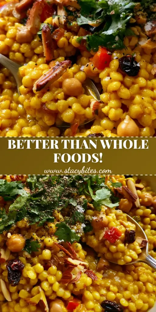 Curried Couscous Salad with Golden Turmeric and Honey Dressing 4 A hero shot of curried couscous salad in a cream bowl with a silver spoon, featuring turmeric-stained pearls, chickpeas, and cilantro.