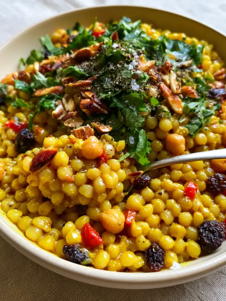 Curried Couscous Salad with Golden Turmeric and Honey Dressing 2 Close-up of plump pearl couscous grains with glistening golden turmeric dressing and red bell peppers. (curried couscous salad)
