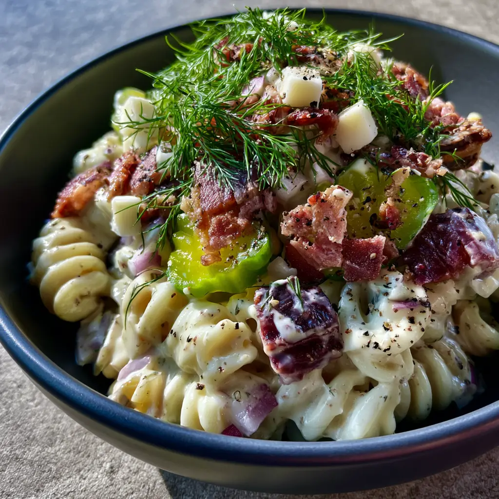 Top-down view of dill pickle pasta salad showing shattered bacon and white cheddar cubes in a matte bowl.